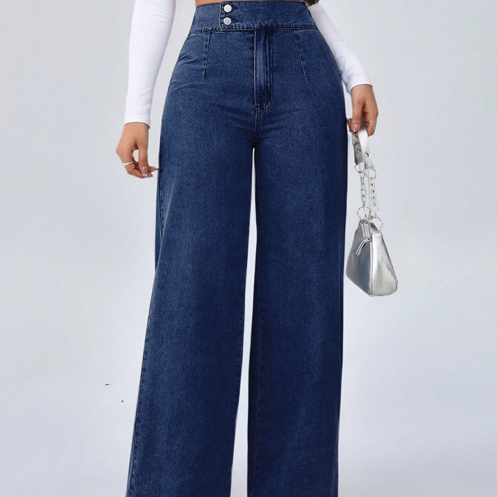 High-waisted double-button straight leg jeans
