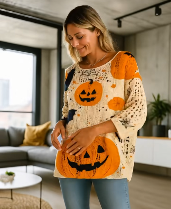 Halloween Pumpkin Print Long-Sleeve Sweater
