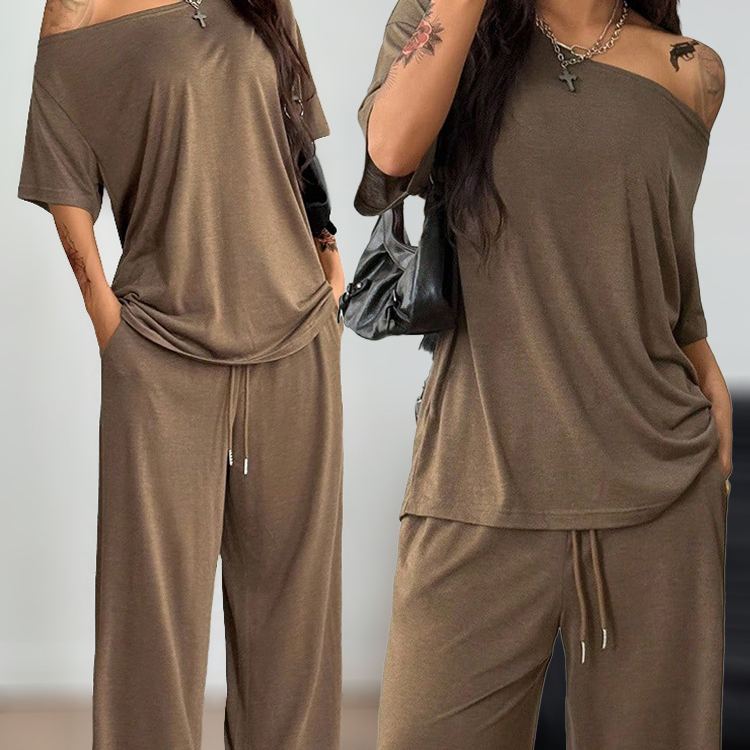 Asymmetrical collar loose-fitting pants suit