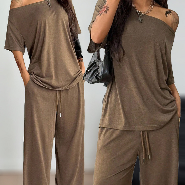 Asymmetrical collar loose-fitting pants suit