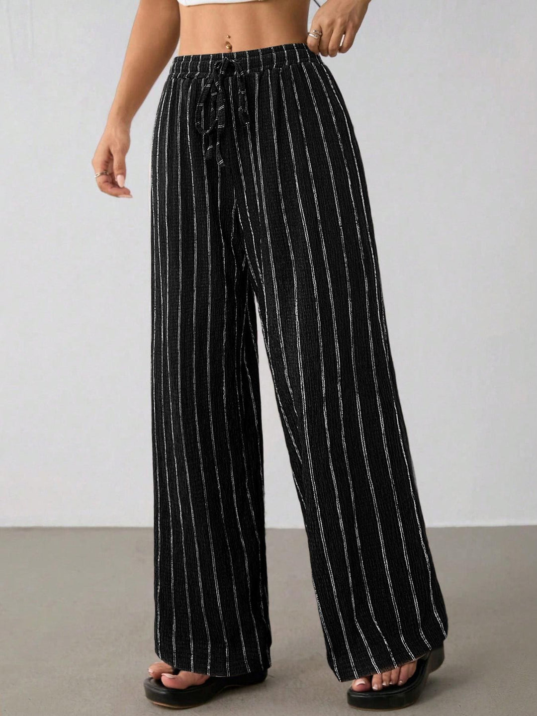 Loose striped drawstring wide-leg pants