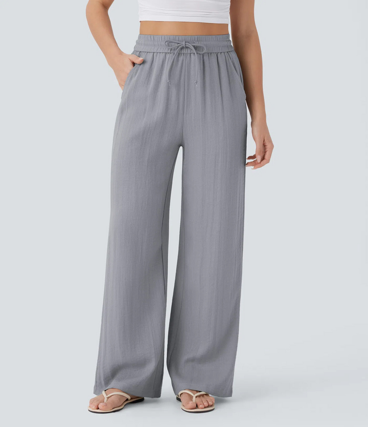 High-waisted drawstring wide-leg pants with side pockets