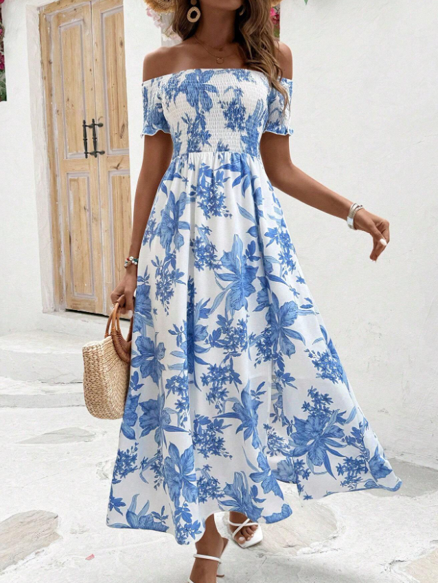 Off-the-shoulder ruffle waist-cinching dress