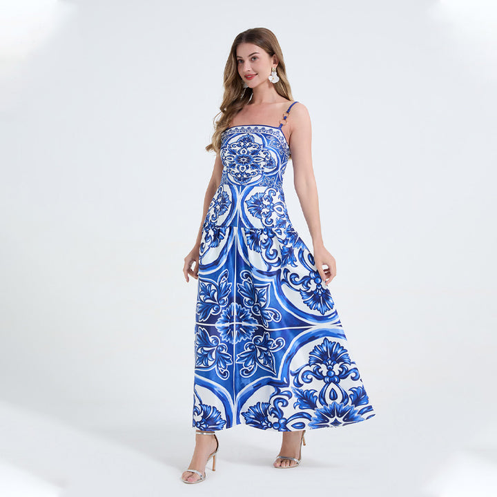 Porcelain-patterned strapless maxi dress