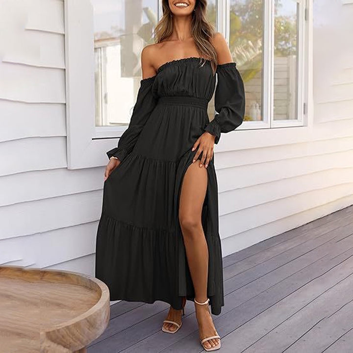 A-line Off-the-Shoulder Layered Maxi Dress with Slit