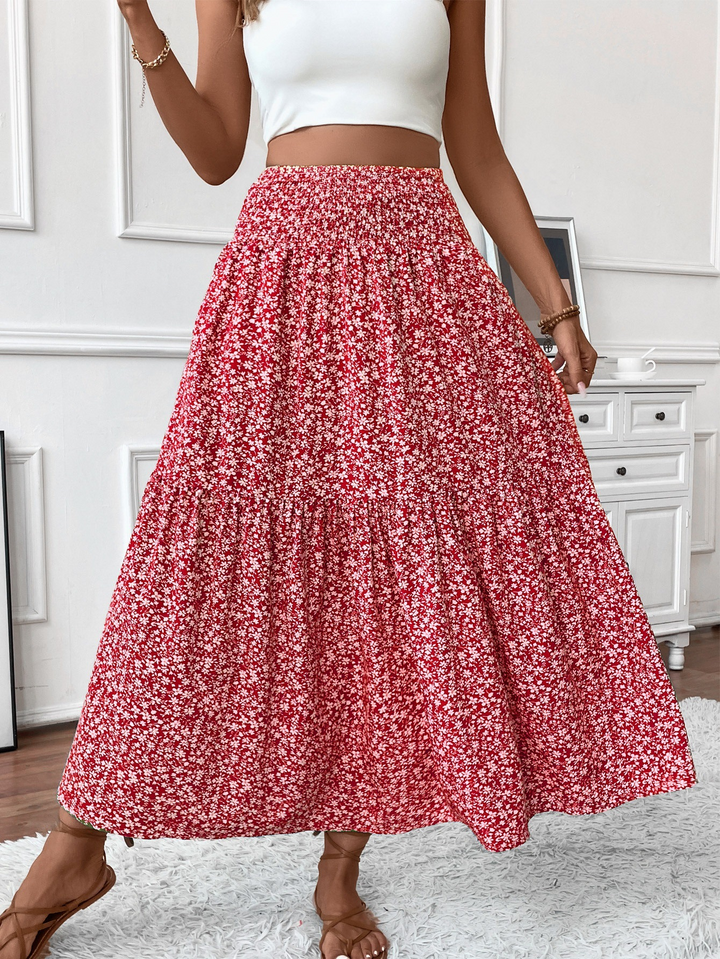 Floral print three-layer patchwork long skirt