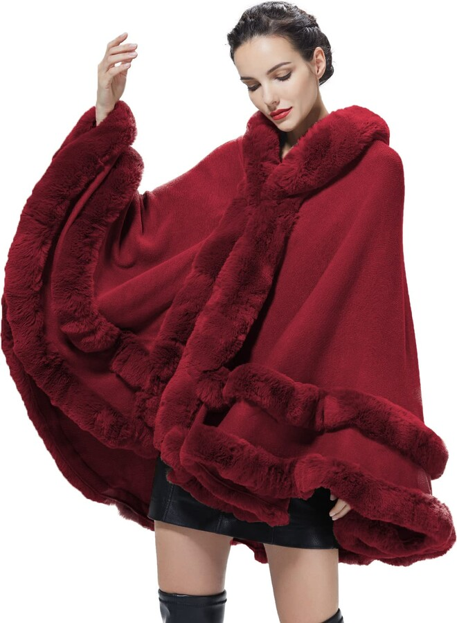 Fur-collared shawl cape cardigan