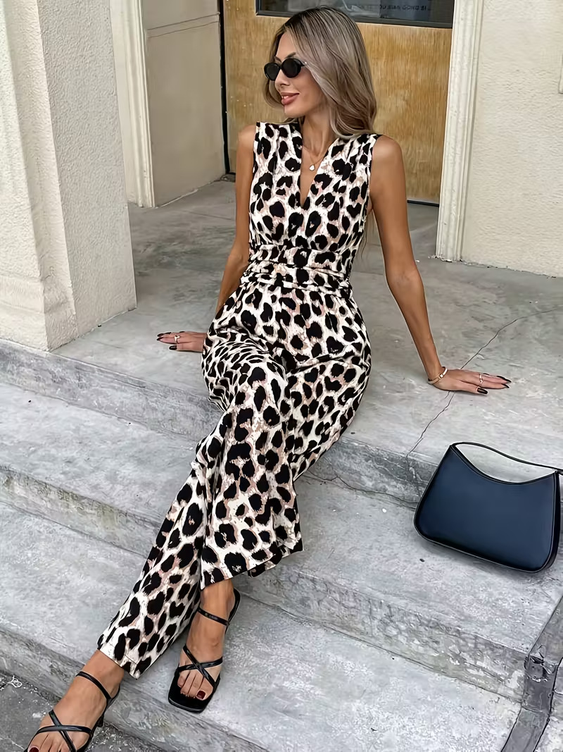Leopard print sleeveless V-neck jumpsuit