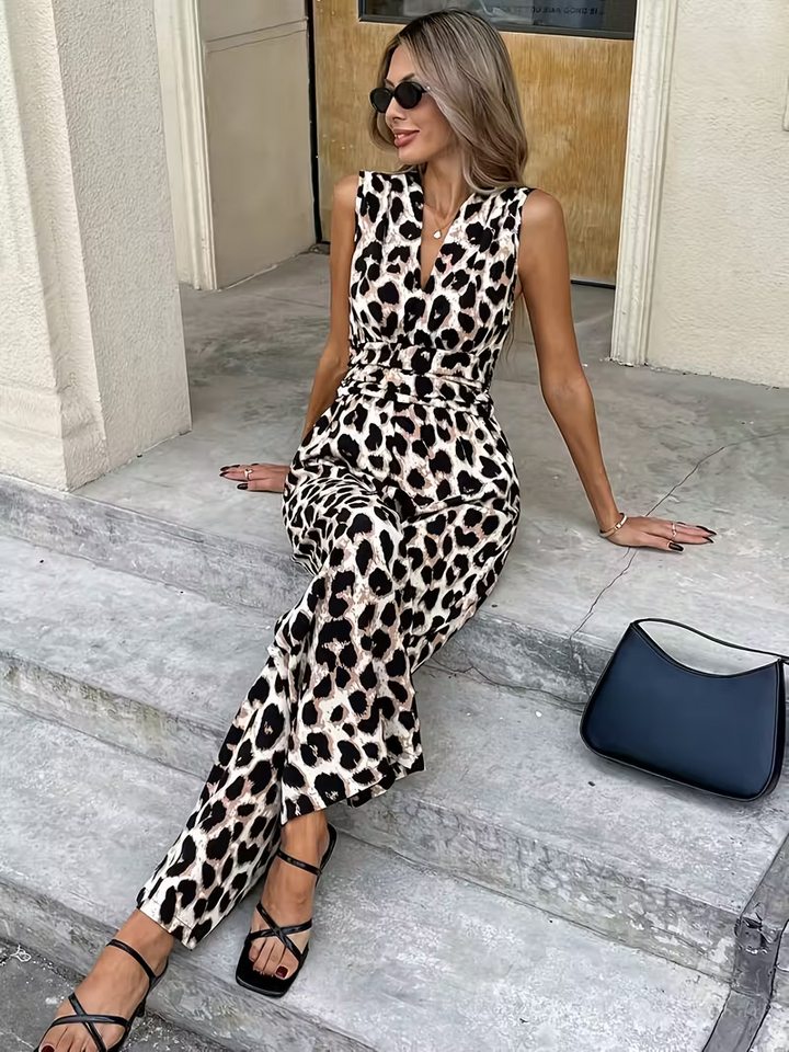 Leopard print sleeveless V-neck jumpsuit