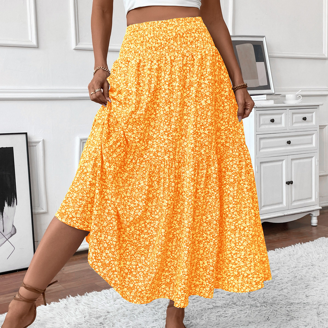 Floral print three-layer patchwork long skirt