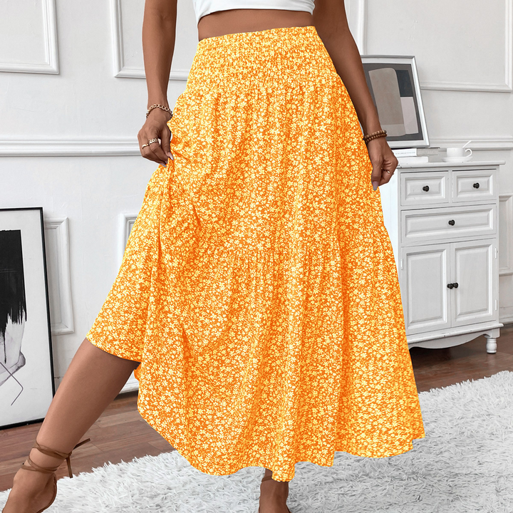 Floral print three-layer patchwork long skirt
