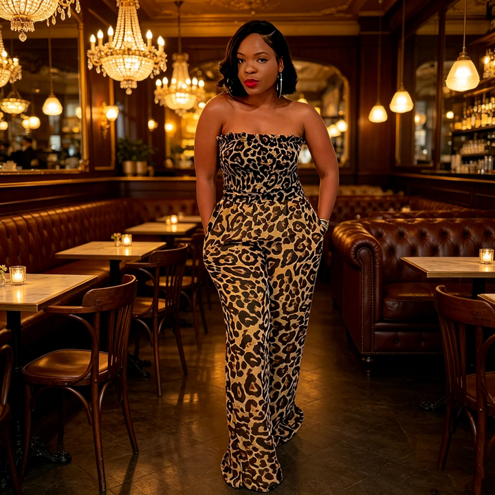 Leopard Print Strapless Backless Wide Leg Jumpsuit