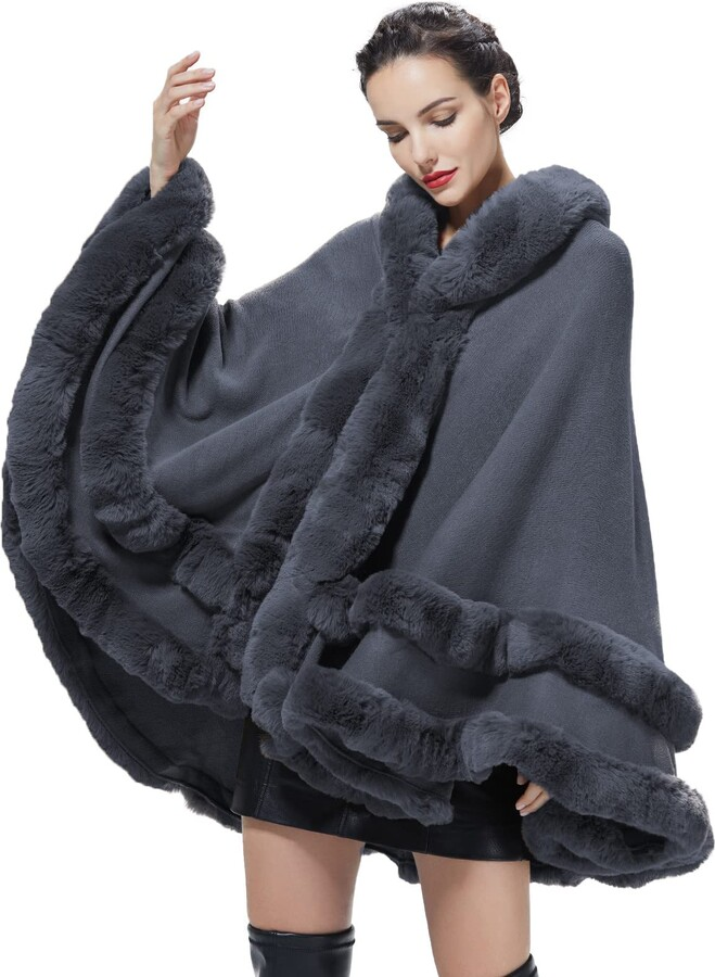 Fur-collared shawl cape cardigan