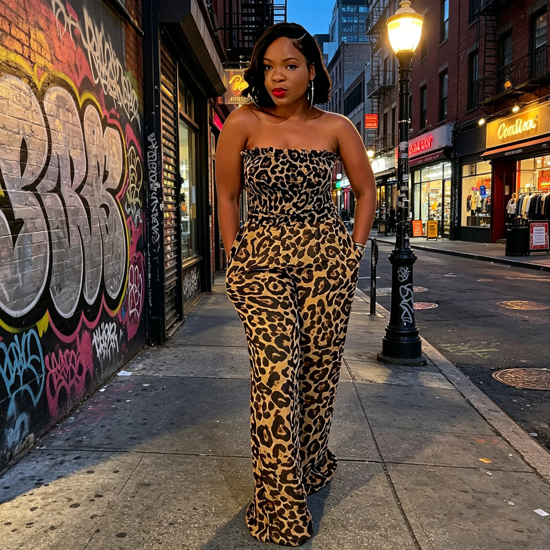 Leopard Print Strapless Backless Wide Leg Jumpsuit