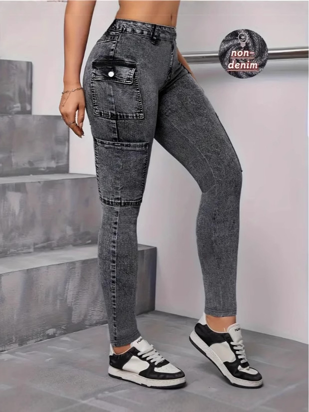 Elastic Digital Printed Faux Jeans