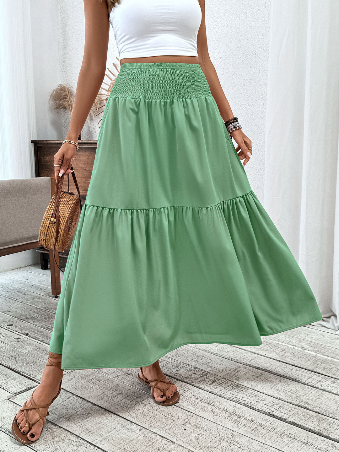 Floral print three-layer patchwork long skirt