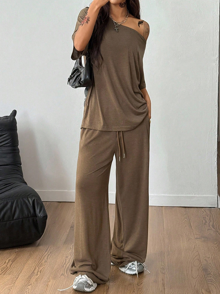 Asymmetrical collar loose-fitting pants suit