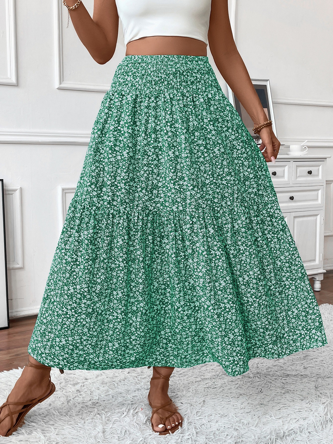 Floral print three-layer patchwork long skirt