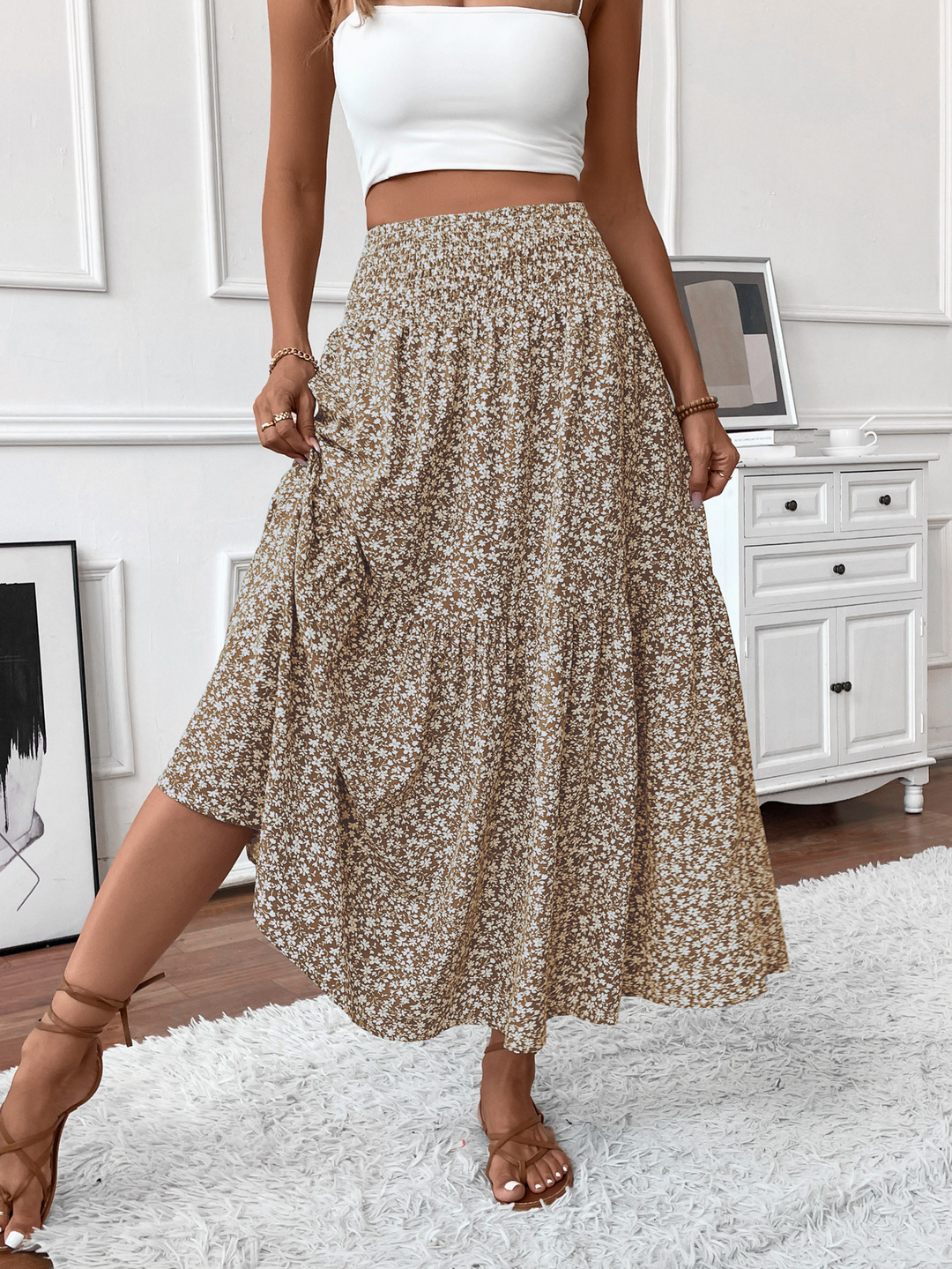 Floral print three-layer patchwork long skirt
