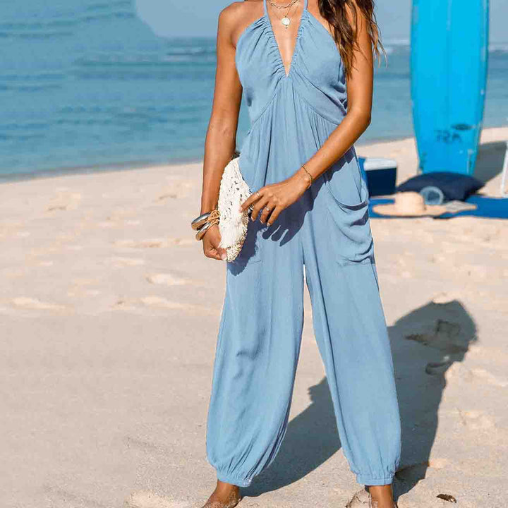 Women's lace-up wide-leg jumpsuit