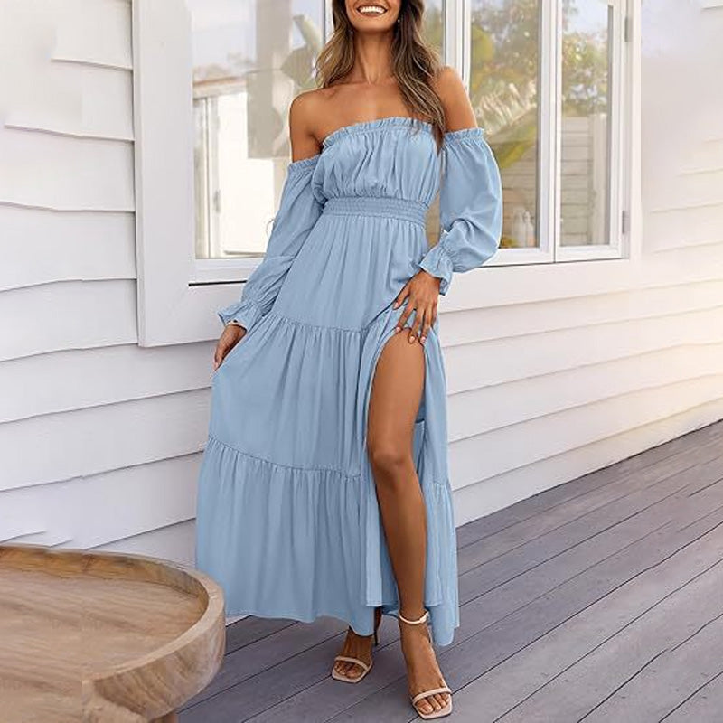 A-line Off-the-Shoulder Layered Maxi Dress with Slit