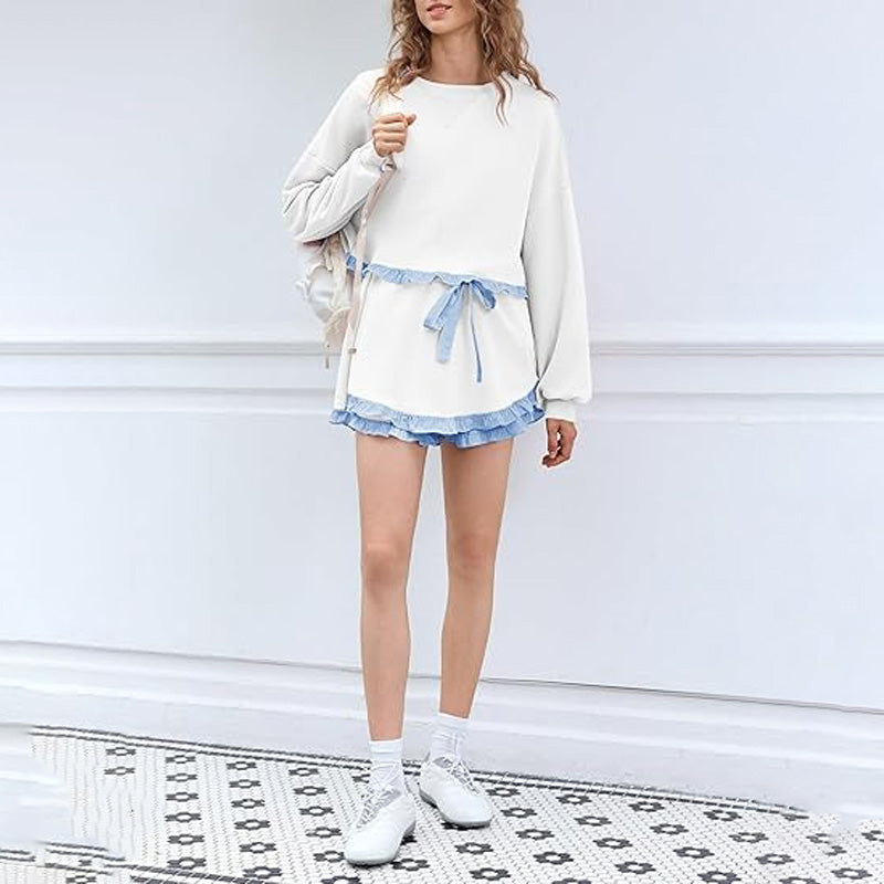 Striped Ruffled Sweatshirt and Shorts Set