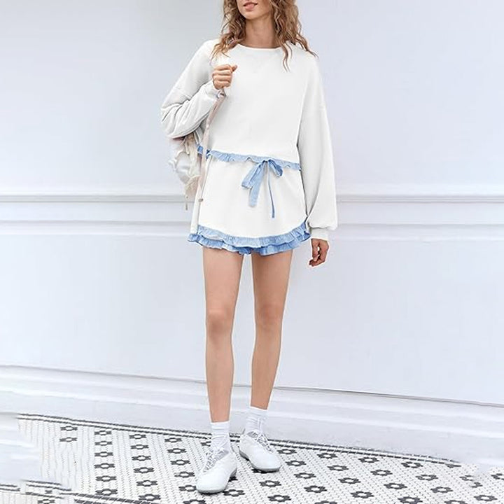 Striped Ruffled Sweatshirt and Shorts Set