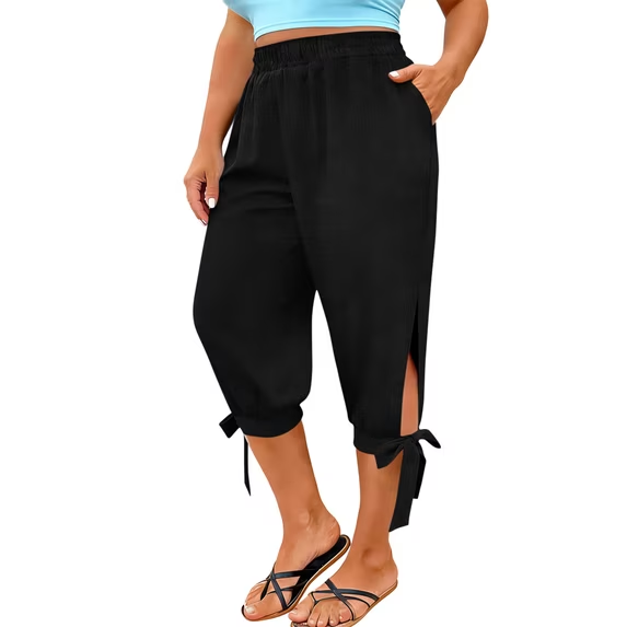 Slit tie-up cropped casual pants