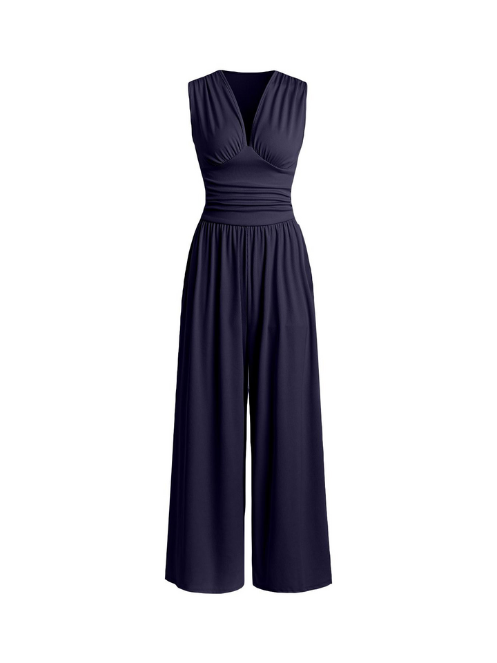 Solid color ribbed striped knit sleeveless jumpsuit