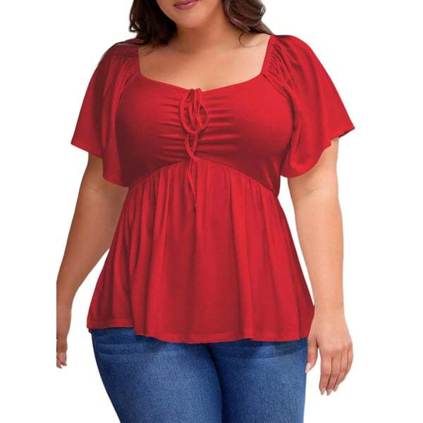U-neck tie-waist puff sleeve top