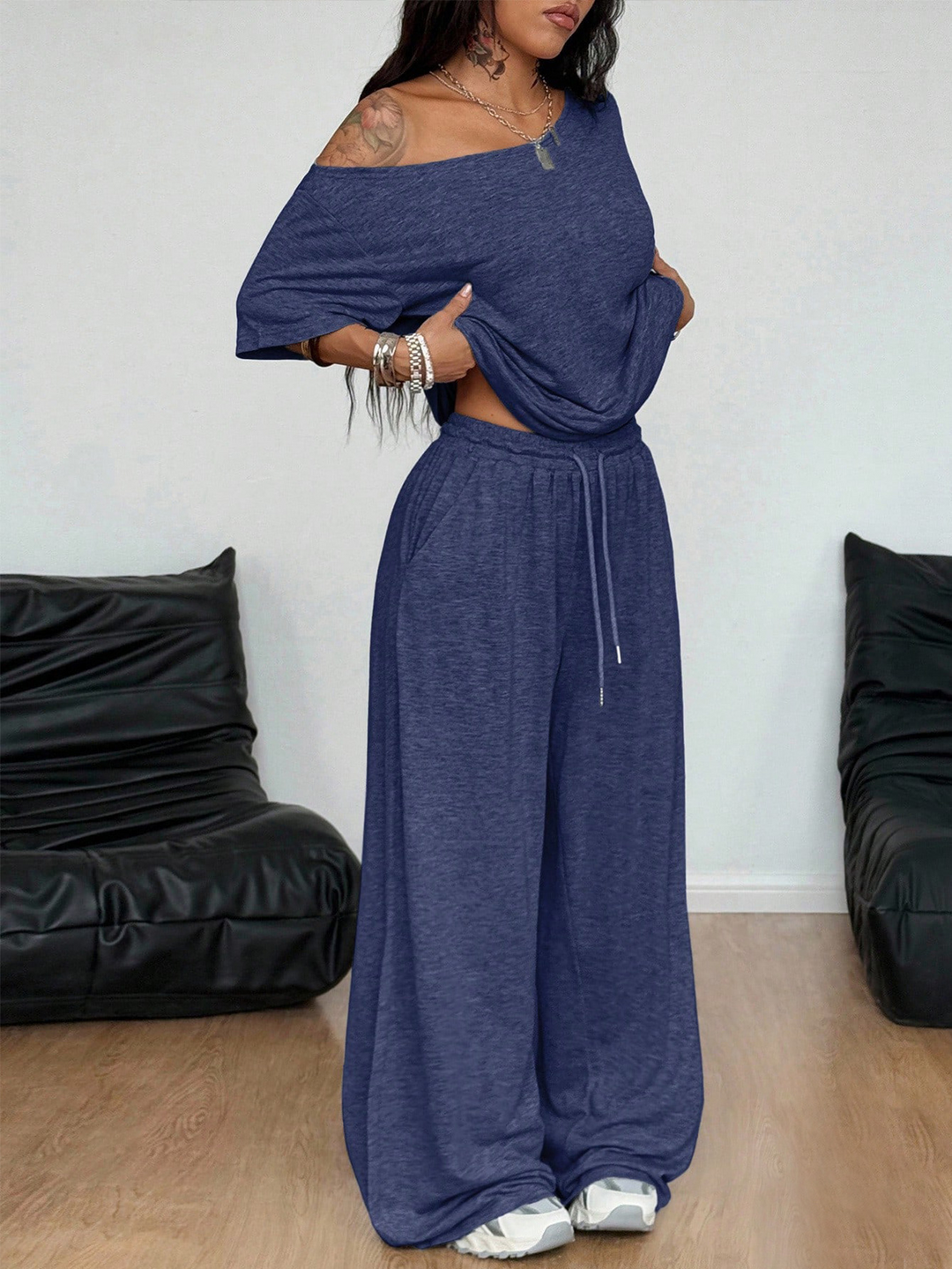 Asymmetrical collar loose-fitting pants suit