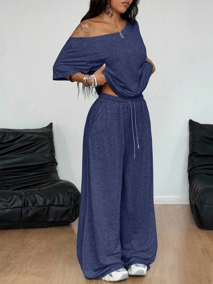 Asymmetrical collar loose-fitting pants suit