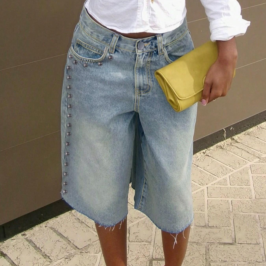 Vintage Washed Studded Knee Length Denim Shorts