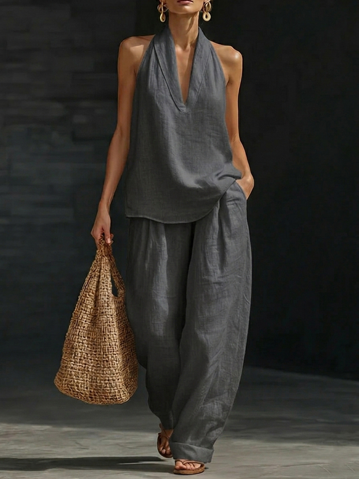 Halberd neck V-neck slimming wide-leg pants set