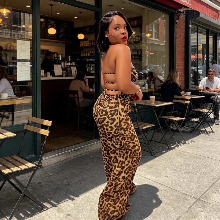 Leopard Print Strapless Backless Wide Leg Jumpsuit