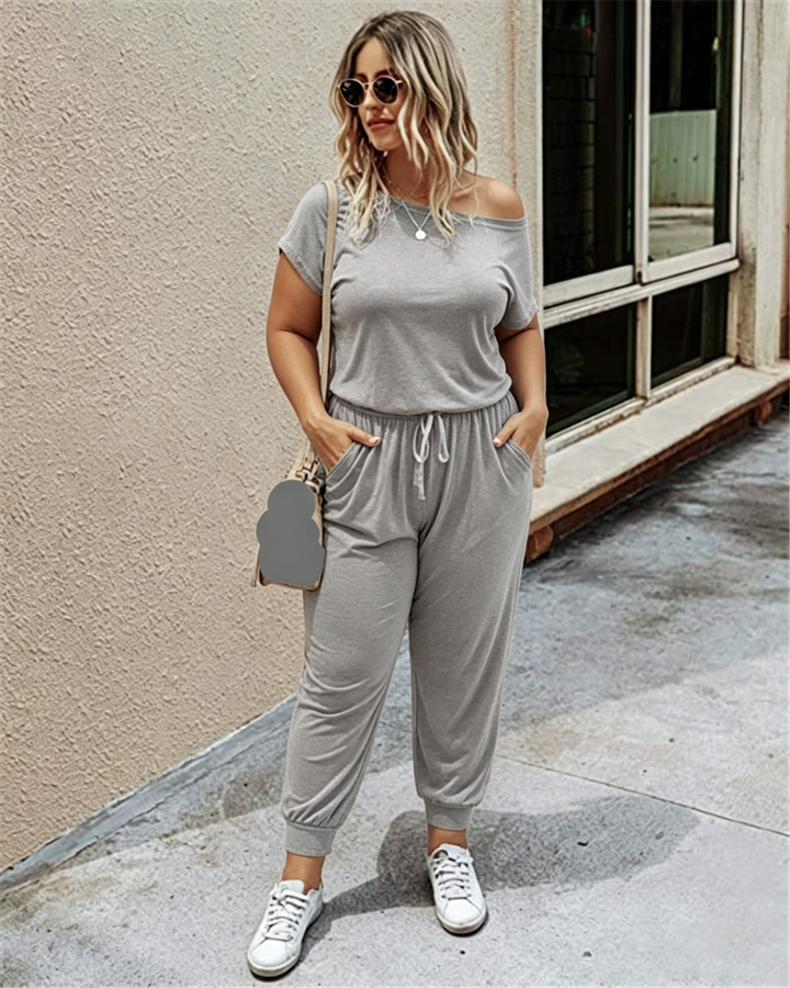 Slanted Shoulder Short Sleeve Pocket Jumpsuit