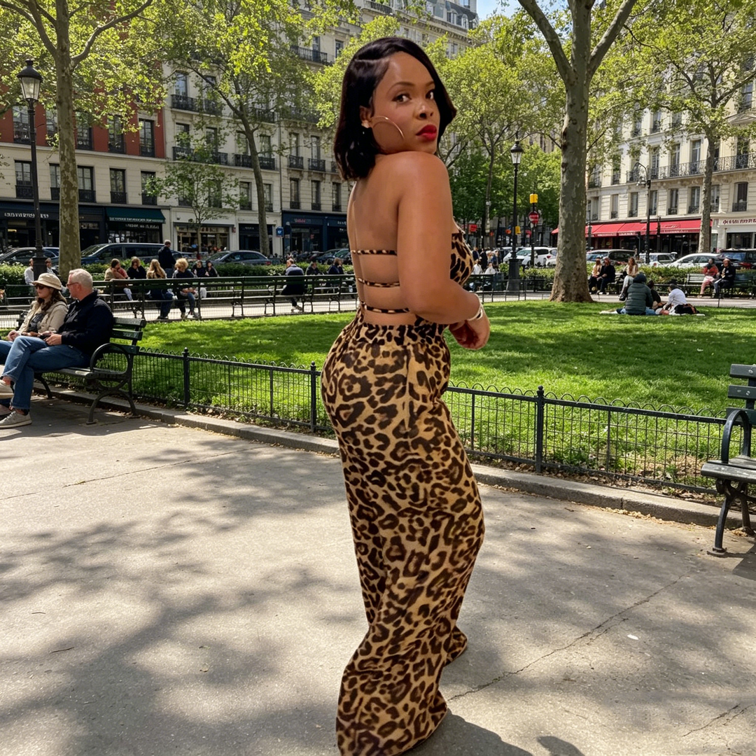 Leopard Print Strapless Backless Wide Leg Jumpsuit