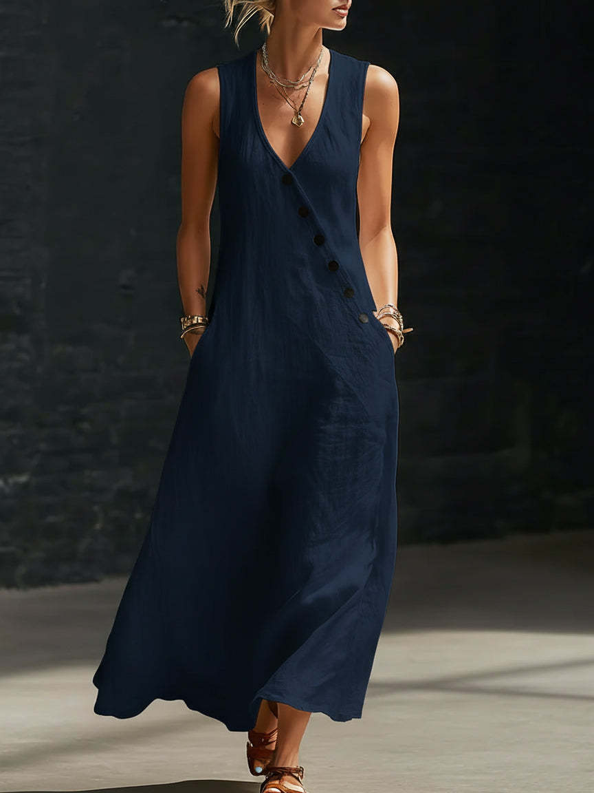 Solid color button solid color vest dress