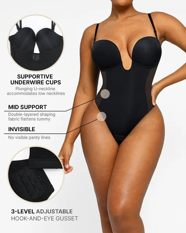 Deep V backless thong bodysuit