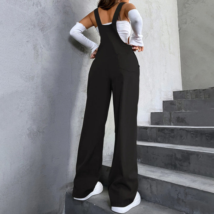 Retro Solid Color Straight-Leg Jumpsuit