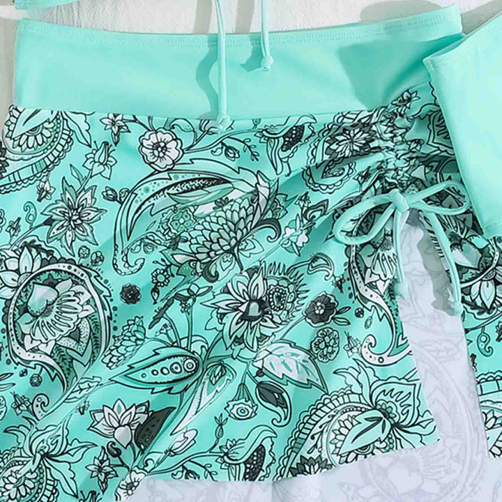 Printed drawstring bikini three-piece set