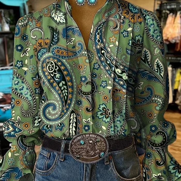 Women's Casual Bubble Sleeve Patterned Shirt