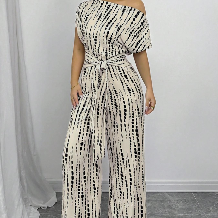 Off-shoulder tie-up jumpsuit wide-leg pants