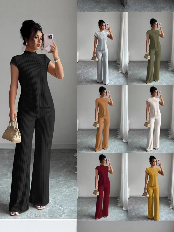 Casual solid color ribbed casual pants suit