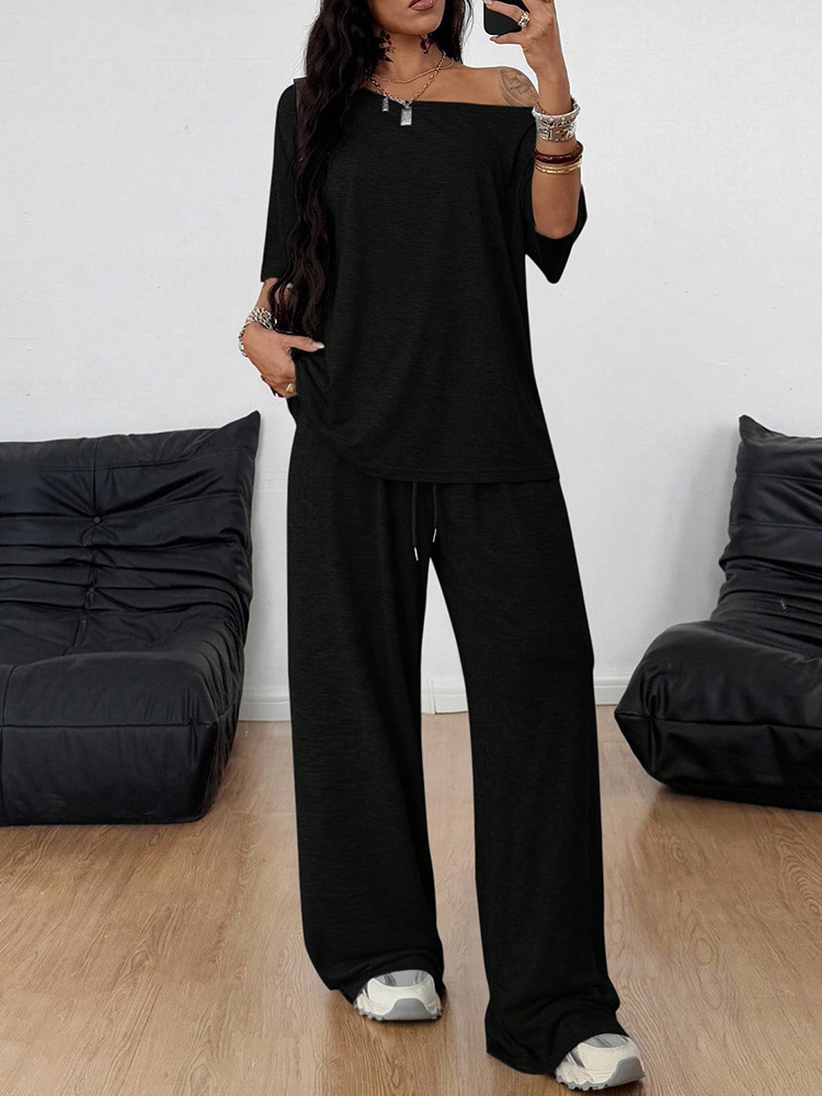 Asymmetrical collar loose-fitting pants suit