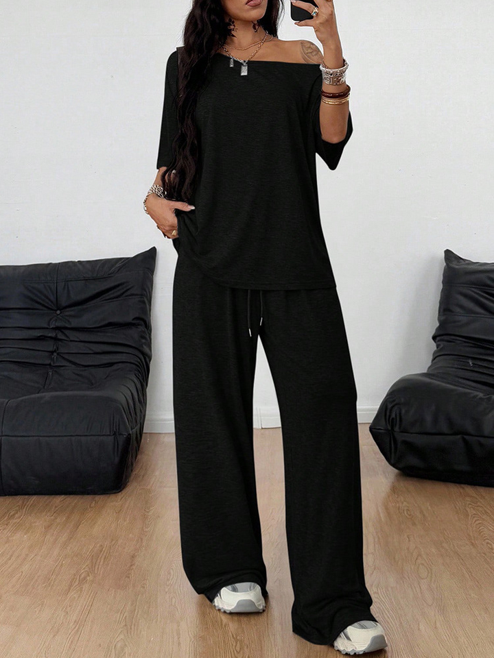 Asymmetrical collar loose-fitting pants suit