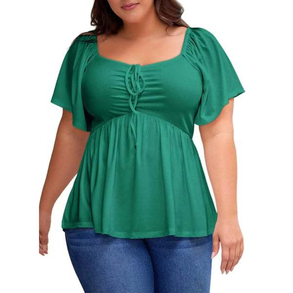 U-neck tie-waist puff sleeve top