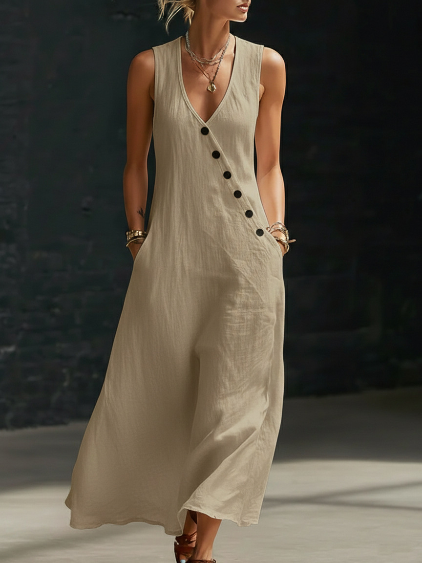 Solid color button solid color vest dress