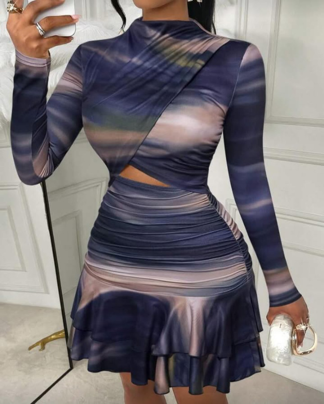 Printed long-sleeved ruffled slim-fit mini skirt