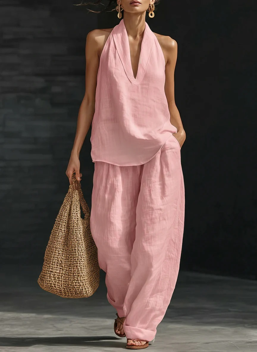Halberd neck V-neck slimming wide-leg pants set